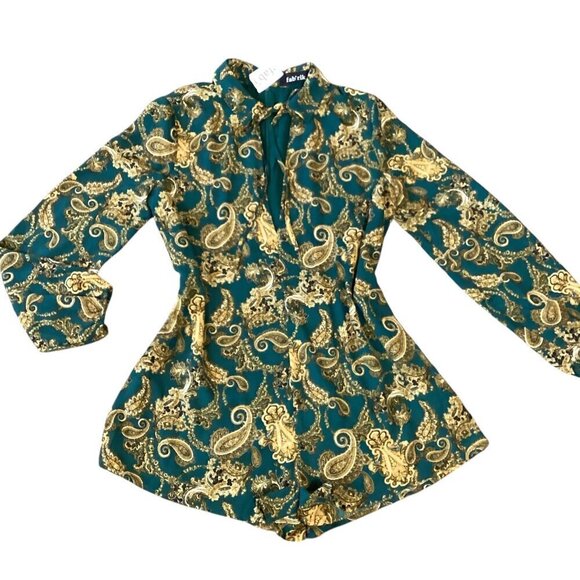 NWT Fab'rik Green Gold Paisley Zip Back V-Neck Long Sleeve Romper Sz S #311F - Picture 3 of 9
